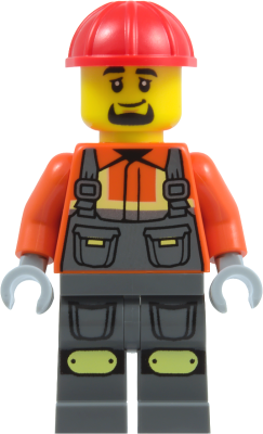 Construction Worker - Male, Dark Bluish Gray Overalls over Reddish Orange Safety Jacket with Reflective Stripes, Dark Bluish Gray Legs with Knee Pads, Red Construction Helmet, Goatee – ГРАДСКИ