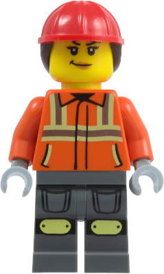 Construction Worker - Female, Reddish Orange Safety Jacket with Reflective Stripes, Dark Bluish Gray Legs with Knee Pads, Red Construction Helmet with Dark Brown Ponytail Hair, Smirk – ГРАДСКИ