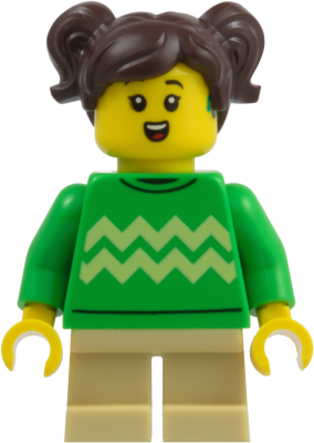 Child - Girl, Bright Green Sweater with Bright Light Yellow Zigzag Lines, Hearing Aid, Tan Short Legs, Dark Brown Hair with Pigtails – ГРАДСКИ