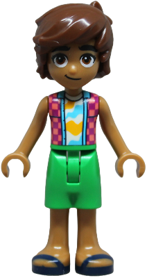 Friends Leo - Coral and Magenta Checkered Sleeveless Shirt, Bright Green Shorts, Dark Blue Sandals – ПРИЯТЕЛИ