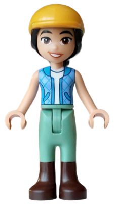 Friends Liann - Dark Azure and Bright Light Blue Vest over White Top, Sand Green Trousers, Dark Brown Boots, Bright Light Orange Horse Riding Helmet – ПРИЯТЕЛИ
