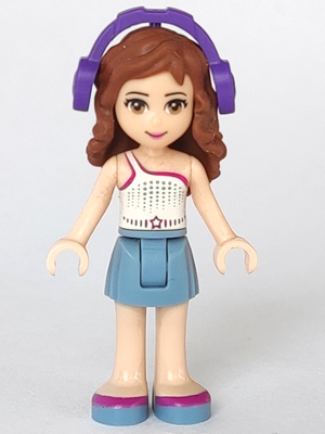 Friends Olivia (Light Nougat) - Sand Blue Skirt, White One Shoulder Top with Magenta Trim, Headphones – ПРИЯТЕЛИ