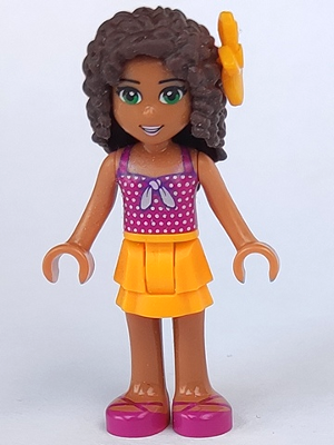 Friends Andrea - Bright Light Orange Layered Skirt, Magenta Top with White Polka Dots and Bow, Bright Light Orange Flower – ПРИЯТЕЛИ