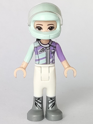 Friends Emma - White Trousers, Light Aqua and Medium Lavender Racing Jacket, Light Aqua Racing Helmet with Black Ponytail – ПРИЯТЕЛИ
