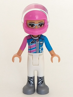 Friends Olivia (Nougat) - White Trousers, Dark Pink and Dark Azure Racing Jacket, Dark Pink Racing Helmet with Reddish Brown Ponytail – ПРИЯТЕЛИ