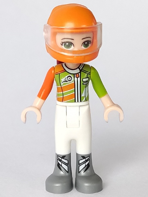 Friends Mia - White Trousers, Lime and Orange Racing Jacket, Orange Racing Helmet with Dark Red Ponytail – ПРИЯТЕЛИ