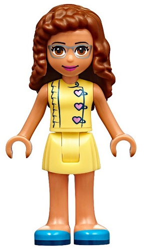 Friends Olivia (Nougat) - Bright Light Yellow Dress with Heart Buttons, Blue Shoes – ПРИЯТЕЛИ