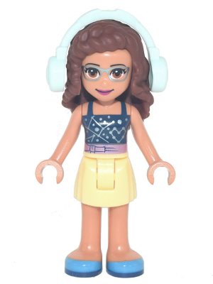 Friends Olivia (Nougat) - Bright Light Yellow Skirt, Dark Blue Top with Constellations, Light Aqua Headphones – ПРИЯТЕЛИ