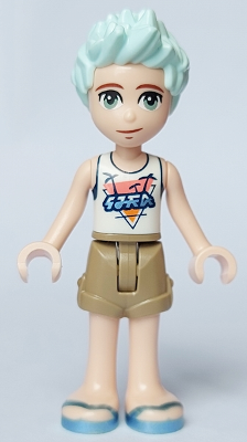 Friends Charli - White Top with Dark Blue Trim and Palm Trees, Dark Tan Shorts, Metallic Light Blue Sandals – ПРИЯТЕЛИ
