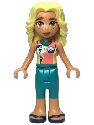 Friends Dia - Coral and Yellow Wetsuit with Dolphin / Whale Logo and Triangles, Dark Turquoise Trousers, Dark Blue Sandals – ПРИЯТЕЛИ