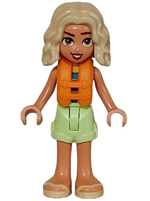 Friends Nova - Yellowish Green Shorts over Coral, Dark Turquoise and Dark Blue Swimsuit, Orange Life Jacket, Bright Light Yellow Sandals – ПРИЯТЕЛИ