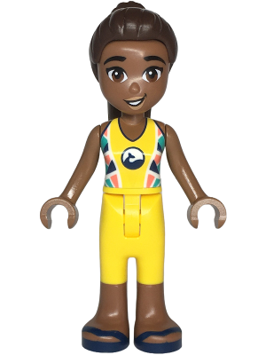 Friends Kayla - Yellow Sleeveless Wetsuit, Yellow Trousers Cropped Large Pockets, Medium Brown Legs, Dark Blue Sandals – ПРИЯТЕЛИ