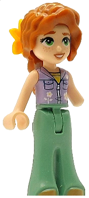 Friends Autumn - Lavender Sleeveless Jacket with Flowers, Sand Green Trousers Bell-Bottoms, Medium Nougat Shoes, Dark Orange Hair Wavy, Bright Light Orange Flower – ПРИЯТЕЛИ