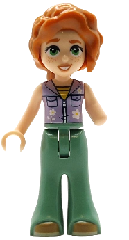 Friends Autumn - Lavender Sleeveless Jacket with Flowers, Sand Green Trousers Bell-Bottoms, Medium Nougat Shoes, Dark Orange Hair Wavy – ПРИЯТЕЛИ