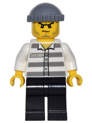 Police - Jail Prisoner 50380 Prison Stripes, Black Legs, Dark Bluish Gray Knit Cap, Beard Stubble and Scowl – МАРКА ЛЕГО