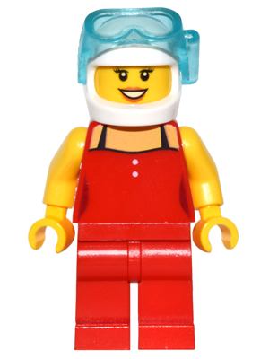 Red Female Top with 2 White Buttons and Black Straps, Red Legs, White Helmet, Scuba Mask, Peach Lips, Open Mouth Smile – МАРКА ЛЕГО