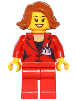 Press Woman / Reporter - Red Legs, Dark Orange Female Hair Short Swept Sideways, Peach Lips, Open Mouth Smile – МАРКА ЛЕГО