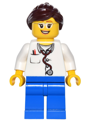 Doctor - Lab Coat Stethoscope and Thermometer, Blue Legs, Dark Brown Ponytail and Swept Sideways Fringe, Glasses and Smile – МАРКА ЛЕГО
