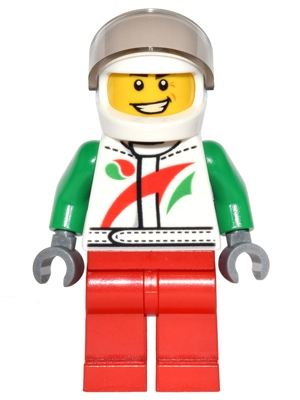 Octan - Jacket with Red and Green Stripe, Red Legs, White Helmet, Trans-Brown Visor, Crooked Smile and Laugh Lines – МАРКА ЛЕГО