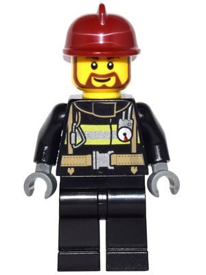 Fire - Reflective Stripes with Utility Belt, Black Legs, Dark Red Fire Helmet, Brown Beard Rounded – МАРКА ЛЕГО