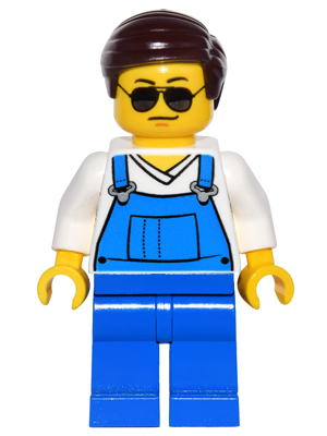 Overalls Blue over V-Neck Shirt, Blue Legs, Dark Brown Smooth Hair, Black and Silver Sunglasses, Black Eyebrows – МАРКА ЛЕГО
