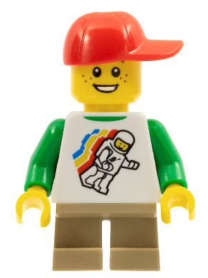 Classic Space Minifigure Floating Pattern, Short Dark Tan Legs, Red Short Bill Cap with Seams – МАРКА ЛЕГО