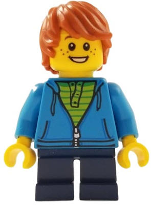 Child - Boy, Dark Azure Hoodie, Dark Blue Short Legs, Dark Orange Tousled Hair, Freckles, Smile with Teeth – МАРКА ЛЕГО