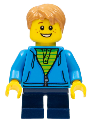 Boy, Dark Azure Hoodie with Green Striped Shirt, Dark Blue Short Legs, Freckles, Medium Nougat Hair – МАРКА ЛЕГО