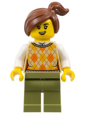 Corner Kiosk Customer - Female, Tan Knit Argyle Sweater Vest, Olive Green Legs, Reddish Brown Side Ponytail – ПРОМОЦИОНАЛНИ