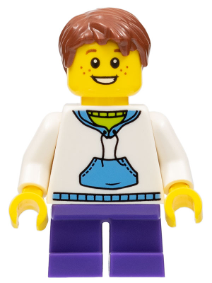Child - Boy, White Hoodie with Medium Blue Pocket, Dark Purple Short Legs, Reddish Brown Hair, Freckles – ПРАЗНИЦИ И СЪБИТИЯ