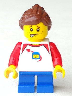 Girl - Shirt with Red Collar, Spaceship Orbiting Classic Space Helmet, Blue Short Legs, Ponytail and Swept Sideways Fringe, Freckles – ПРАЗНИЦИ И СЪБИТИЯ