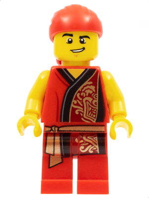 Lion Dance Musician, Red Head Wrap, Lopsided Grin, Raised Eyebrow, Red Robe with Gold Dragon – ПРАЗНИЦИ И СЪБИТИЯ