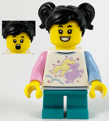 Child - Girl, White Shirt with Unicorn, Dark Turquoise Short Legs, Black Hair with Pigtails – ПРАЗНИЦИ И СЪБИТИЯ