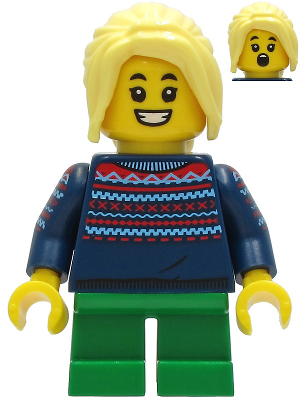 Girl - Dark Blue Knit Sweater, Green Short Legs, Bright Light Yellow Hair – МАРКА ЛЕГО