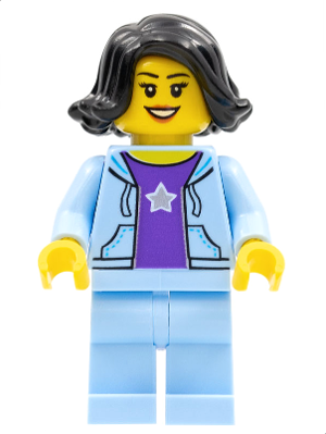 Woman, Black Hair, Bright Light Blue Jacket, Dark Purple Star Shirt, Bright Light Blue Legs – ПРАЗНИЦИ И СЪБИТИЯ