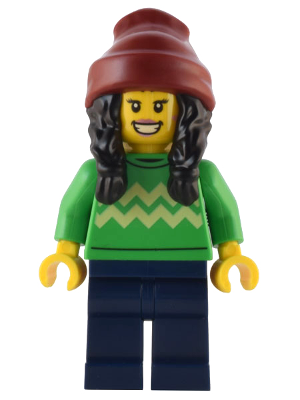 Holiday Shopper - Female, Bright Green Sweater with Bright Light Yellow Zigzag Lines, Dark Blue Legs, Dark Red Beanie with Black Hair – ПРАЗНИЦИ И СЪБИТИЯ