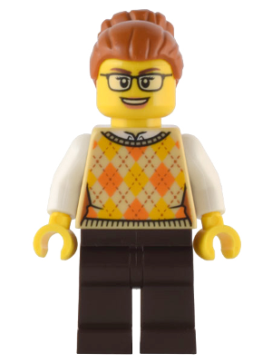 Santa's Toys and Games Store Owner - Female, Tan Knit Argyle Sweater Vest, Dark Brown Legs, Dark Orange Hair with Bun, Glasses – ПРАЗНИЦИ И СЪБИТИЯ