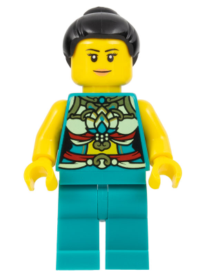 Lunar New Year Parade Participant - Musician, Female, Ornate Dark Turquoise Costume, Black Bun, Slight Smile – ПРАЗНИЦИ И СЪБИТИЯ