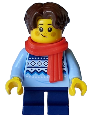 Child - Girl, Bright Light Blue Knit Fair Isle Sweater, Dark Blue Short Legs, Dark Brown Hair, Freckles, Red Scarf – ПРАЗНИЦИ И СЪБИТИЯ
