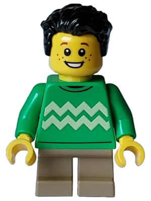 Child - Boy, Bright Green Sweater with Bright Light Yellow Zigzag Lines, Dark Tan Short Legs, Black Tousled Hair, Freckles – ПРАЗНИЦИ И СЪБИТИЯ