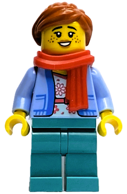 Wintertime Carriage Passenger - Female, Bright Light Blue Jacket over White Shirt with Coral Flowers, Dark Turquoise Legs, Dark Orange Ponytail, Freckles, Red Scarf – ПРАЗНИЦИ И СЪБИТИЯ
