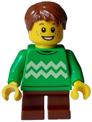 Child - Boy, Bright Green Sweater with Bright Light Yellow Zigzag Lines, Reddish Brown Short Legs and Hair Tousled with Side Part, Freckles – ПРАЗНИЦИ И СЪБИТИЯ