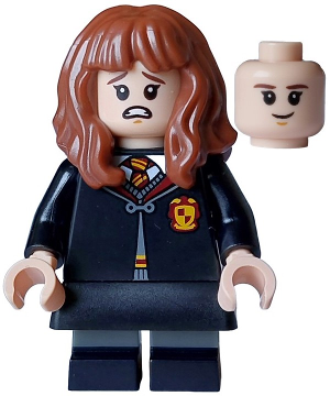 Hermione Granger - Gryffindor Robe Clasped, Black Skirt, Black Short Legs with Dark Bluish Gray Stripes, Open Mouth Scared / Closed Mouth Grin – ХАРИ ПОТЪР