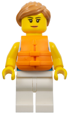 Sailor - Female, Dark Azure and White Striped Shirt with Red Scarf, White Legs, Medium Nougat Ponytail, Orange Life Jacket – ЛЕГО ИДЕИ