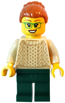 Camper - Female, Dark Orange Hair, Glasses, Tan Sweater, Dark Green Legs – ЛЕГО ИДЕИ