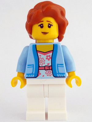 Woman - Bright Light Blue Jacket over White Shirt with Coral Flowers, White Legs, Dark Orange Hair with Braid – ЛЕГО ИДЕИ