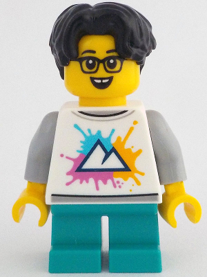 Child - Boy, White Shirt with Mountains Logo, Dark Turquoise Short Legs, Black Hair Wavy, Glasses – ЛЕГО ИДЕИ