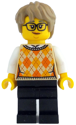 Woman - Tan Knit Argyle Sweater Vest, Black Legs, Dark Tan Thick Messy Hair, Glasses – ЛЕГО ИДЕИ