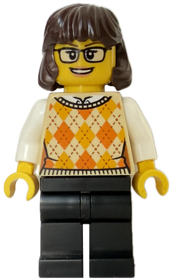 Woman - Tan Knit Argyle Sweater Vest, Black Legs, Dark Brown Hair, Glasses – ЛЕГО ИДЕИ