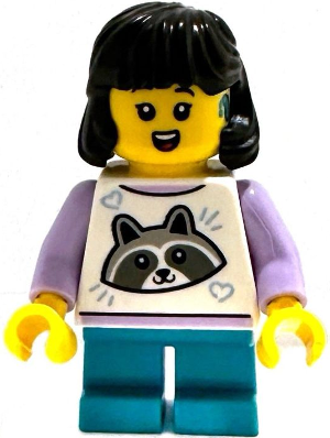 Child - Girl, White Top with Raccoon, Dark Turquoise Short Legs, Black Midlength Hair, Hearing Aid – ЛЕГО ИДЕИ